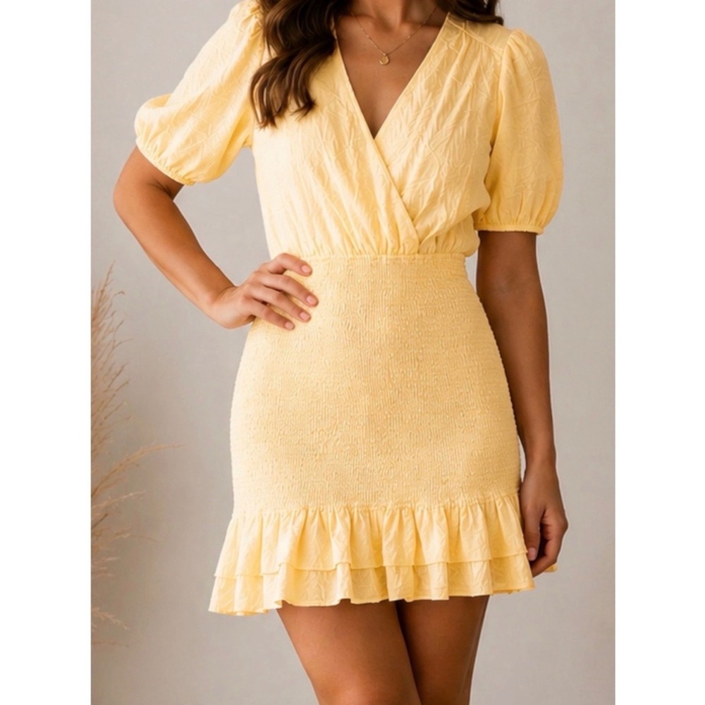 Lost + Wander Yellow Smocked Puff Sleeve Ruffle Mini Dress Size S